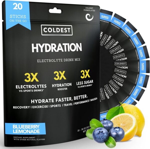 Coldest Hydration - Electrolytes Powder Packets - Non GMO & No Artificial Sugar - Electrolyte Drink Mix - Easy Open Single-Serving Stick Drop in Water - 20 Sticks per Pack (Blueberry Lemonade)