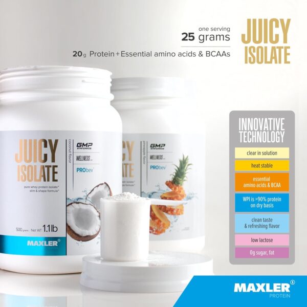 Maxler Juicy Isolate Protein Powder - Clear Whey Isolate - Low Lactose, Fat Free, Sugar Free Muscle Recovery Drink for Pre & Post Workout - 90% of Protein per Serving - Pineapple 1.1lb (20 Servings) - Image 2