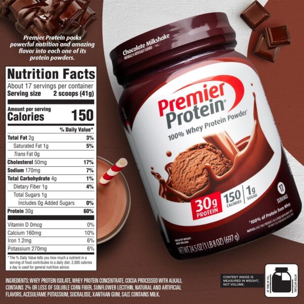 Premier Protein Powder, Chocolate Milkshake, 30g Protein, 1g Sugar, 100% Whey Protein, Keto Friendly, No Soy Ingredients, Gluten Free, 17 Servings, 23.9 Ounce (Pack of 1) - Image 2