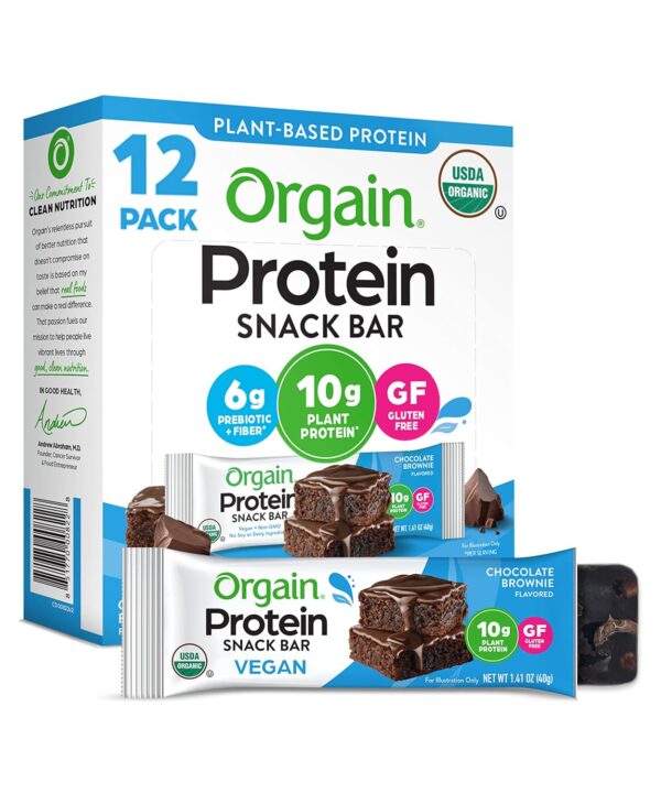 Orgain Organic Vegan Protein Bars, Chocolate Brownie - 10g Plant Based Protein, Low Calorie Healthy Snacks, No Lactose or Soy Ingredients, Gluten Free, Non-GMO - 1.41 Oz (Pack of 12)