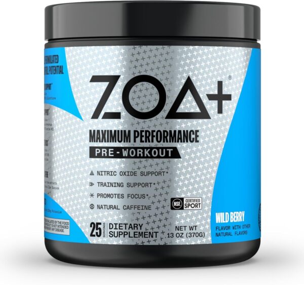 ZOA+ Zero Sugar Pre Workout Powder Drink, Wild Berry - NSF Certified for Sport with Electrolytes, Creatine, Beta Alanine, Ginkgo Biloba, 200mg Caffeine - 25 Servings