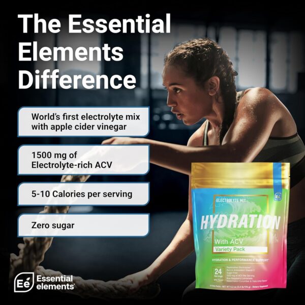 Essential Elements Hydration Packets - Electrolytes Powder Packets Sugar Free - 24 Stick Packs of Electrolytes Powder No Sugar - Electrolyte Water Drink Mix with ACV & Vitamin C - Variety Pack - Image 2