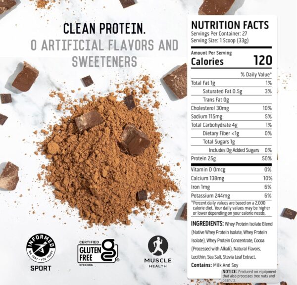 Ascent 100% Whey Protein Powder - Post Workout Whey Protein Isolate, Zero Artificial Flavors & Sweeteners, Gluten Free, 5.5g BCAA, 2.6g Leucine, Essential Amino Acids, Chocolate 2 lb - Image 3