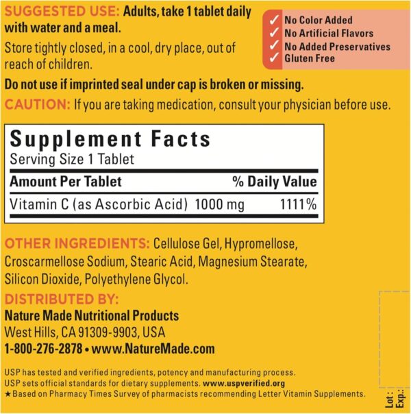 Nature Made Extra Strength Vitamin C 1000 mg, Dietary Supplement for Immune Support, 300 Tablets, 300 Day Supply - Image 2