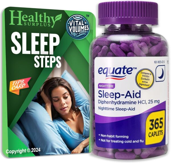 Equate Sleep-Aid Diphenhydramine HCI 25 mg 365 Caplets and Vital Volumes Sleep Steps Tips Card (Bundle)