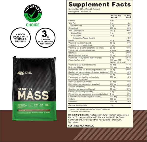 Optimum Nutrition Serious Mass, Weight Gainer Protein Powder, Mass Gainer, Vitamin C and Zinc for Immune Support, Creatine, Chocolate, 12 Pound (Packaging May Vary) - Image 2