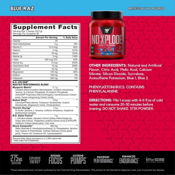 BSN Workout Bundle of NO XPLODE Pre Workout Powder Blue Raz, 30 Servings AMINO X Muscle Recovery Intra Workout Support, Caffeine Free Blue Raz, 30 Servings - Image 2