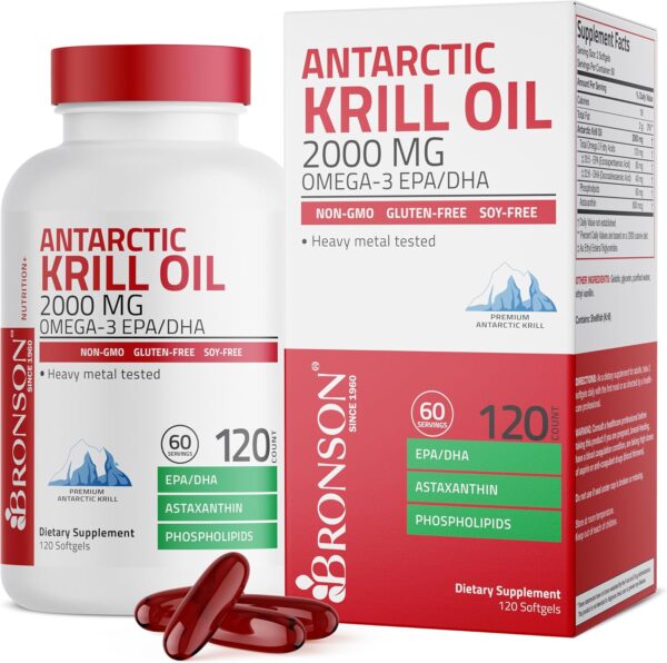 Bronson Antarctic Krill Oil 2000 mg with Omega-3s EPA, DHA, Astaxanthin and Phospholipids 120 Softgels (60 Servings)