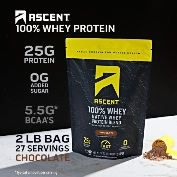 Ascent 100% Whey Protein Powder - Post Workout Whey Protein Isolate, Zero Artificial Flavors & Sweeteners, Gluten Free, 5.5g BCAA, 2.6g Leucine, Essential Amino Acids, Chocolate 2 lb - Image 2