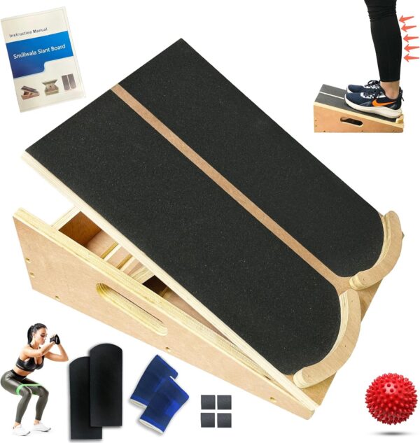 Slant Board for Calf Stretching with Maximum Accessories, by SMILLWALA, Adjustable Incline Board with Heel Support Non-Slip Slant Board Calf Stretcher with Side Handles, Wooden Slant Board for Squats