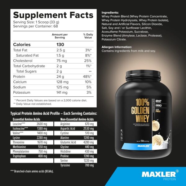 Maxler 100% Golden Whey Protein - 24g of Premium Whey Protein Powder per Serving - Pre, Post & Intra Workout - Fast-Absorbing Whey Hydrolysate, Isolate & Concentrate Blend - Vanilla Ice Cream 5 lbs - Image 3