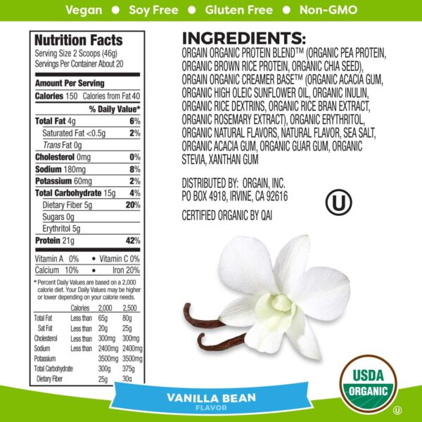 Orgain Organic Plant Based Protein Powder, Vanilla Bean - Vegan, Low Net Carbs, Non Dairy, Gluten Free, Lactose Free, No Sugar Added, Soy Free, Kosher, Non-GMO, 2.03 Pound (Packaging May Vary) - Image 3