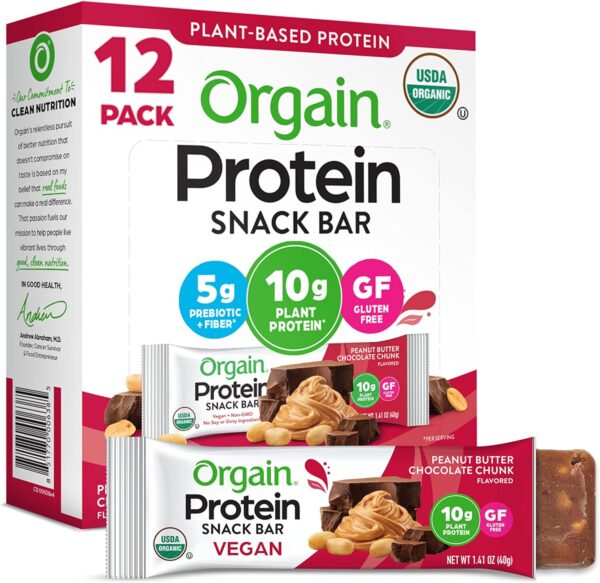 Orgain Organic Vegan Protein Bars, Peanut Butter Chocolate Chunk - 10g Plant Based Protein, Low Calorie Healthy Snacks, No Lactose or Soy Ingredients, Gluten Free, Non-GMO - 1.41 Oz (Pack of 12)