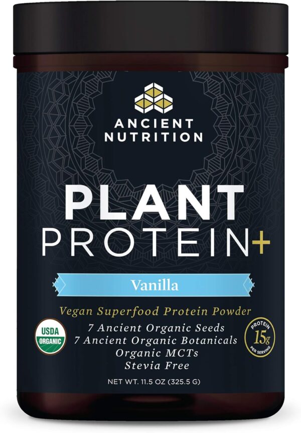 Ancient Nutrition Organic Plant Protein +, Vegan Plant Based Protein Powder, Vanilla, Formulated by Dr. Josh Axe, Dairy-Free, Gluten-Free, Non-GMO, No Sugar Added, Paleo Friendly Supplement 11.5 oz