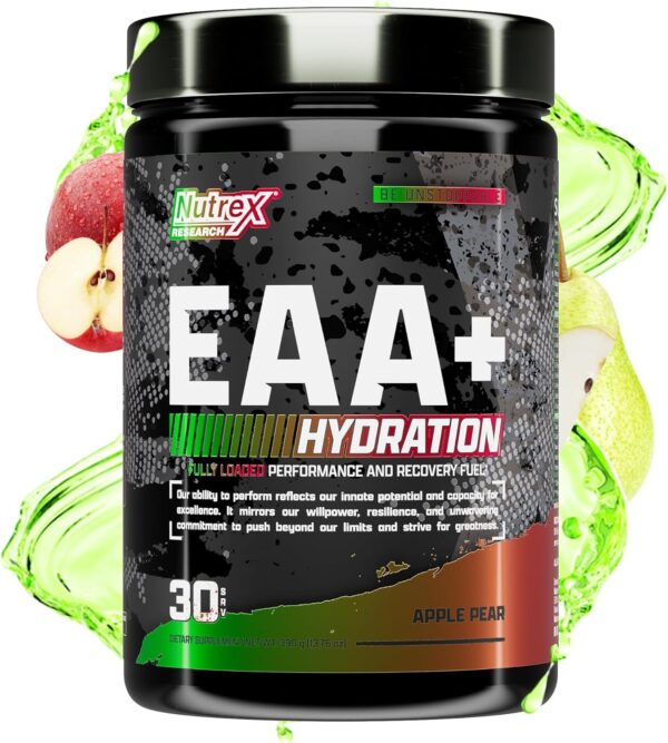 Nutrex Research EAA Hydration | EAAs + BCAAs Powder | Muscle Recovery, Strength, Muscle Building, Endurance | 8G Essential Amino Acids + Electrolytes | Apple Pear 30 Servings