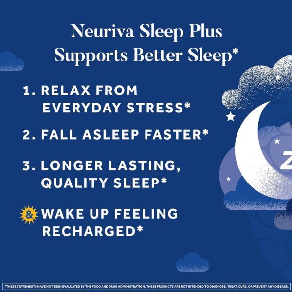 NEURIVA Sleep Plus with 4-in-1 Benefits - Clinically Tested Ashwagandha, L-Theanine & Melatonin - Reduce Stress, Fall Asleep Faster, Improve Sleep Quality, Wake Up Refreshed*, 58ct Capsules - Image 3