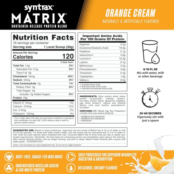 Syntrax Nutrition Matrix Protein Powder, Sustained-Release Protein Blend, Orange Cream, 5 lbs - Image 2