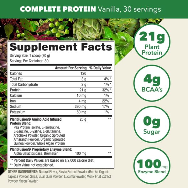 PlantFusion Complete Vegan Protein Powder - Plant Based Protein Powder With BCAAs, Digestive Enzymes and Pea Protein - Keto, Gluten Free, Soy Free, Non-Dairy, No Sugar, Non-GMO - Vanilla Bean 2 lb - Image 2