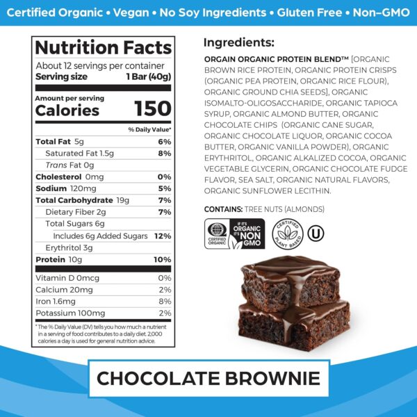 Orgain Organic Vegan Protein Bars, Chocolate Brownie - 10g Plant Based Protein, Low Calorie Healthy Snacks, No Lactose or Soy Ingredients, Gluten Free, Non-GMO - 1.41 Oz (Pack of 12) - Image 2