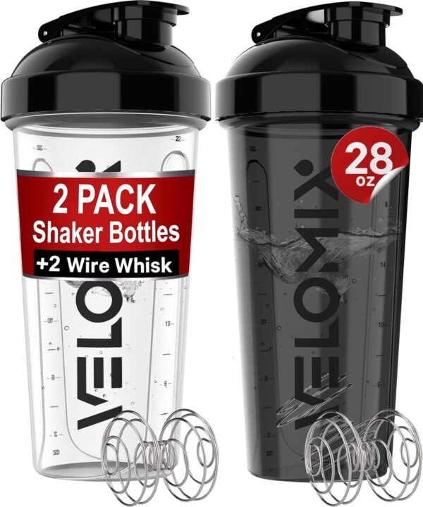 '-2 Pack- 28 oz Protein Shaker Bottles for Protein Mixes - 2x Wire Whisk | Leak Proof Shaker Cups for Protein Shakes | Protein Shaker Bottle Pack | Shakers for Protein Shakes-Black&Transparent