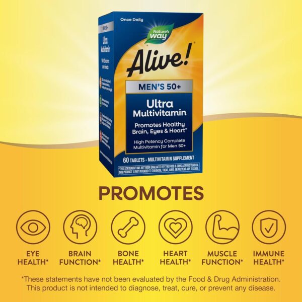 Nature's Way Alive! Men’s 50+ Daily Ultra Multivitamin, High Potency Formula, Supports Healthy Brain, Eyes & Heart*, with Methylated B12, Gluten-Free, 60 Tablets (Packaging May Vary) - Image 3