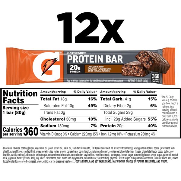 Gatorade Whey Protein Recover Bars, Chocolate Chip, 2.8 ounce(Pack of 12) - Image 2