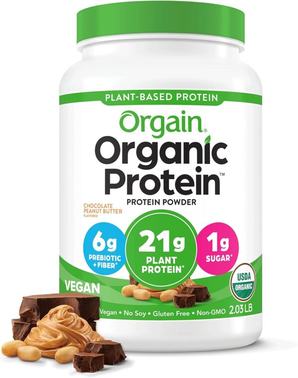 Orgain Organic Vegan Protein Powder, Chocolate Peanut Butter - 21g Plant Protein, 6g Prebiotic Fiber, Low Net Carb, No Lactose Ingredients, No Added Sugar, Non-GMO, For Shakes & Smoothies, 2.03 lb