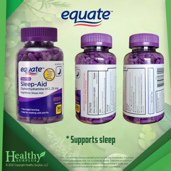 Equate Sleep-Aid Diphenhydramine HCI 25 mg 365 Caplets and Vital Volumes Sleep Steps Tips Card (Bundle) - Image 2