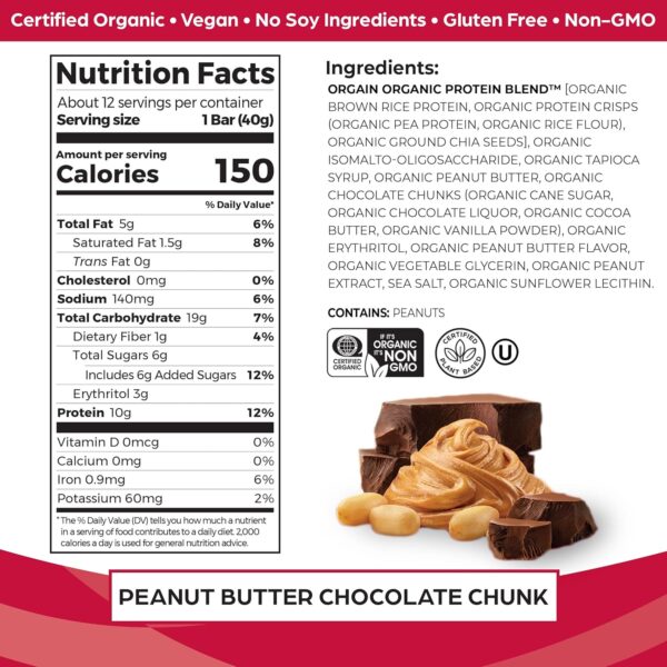 Orgain Organic Vegan Protein Bars, Peanut Butter Chocolate Chunk - 10g Plant Based Protein, Low Calorie Healthy Snacks, No Lactose or Soy Ingredients, Gluten Free, Non-GMO - 1.41 Oz (Pack of 12) - Image 2