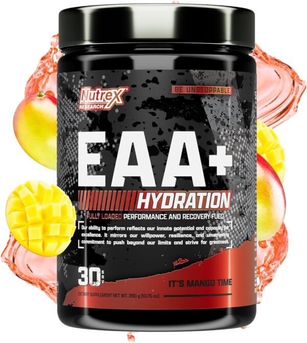 Nutrex Research EAA Hydration | EAAs + BCAA Powder | Muscle Recovery, Strength, Muscle Building, Endurance | 8G Essential Amino Acids + Electrolytes | 30 Servings It's Mango Time