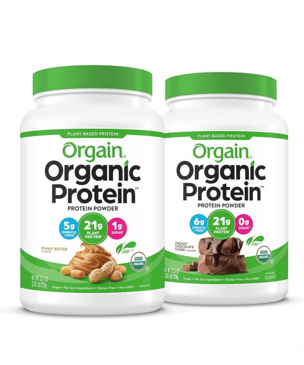 Orgain Organic Vegan Protein Powder (Peanut Butter, Creamy Chocolate Fudge) - 21g Plant Based Protein | Gluten Free | Dairy Free | No Sugar Added