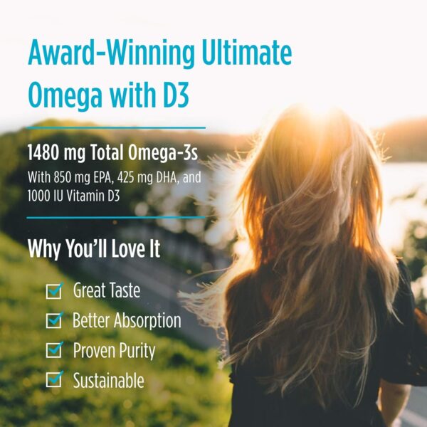 Nordic Naturals Ultimate Omega Xtra, Lemon Flavor - 60 Soft Gels - 1480 mg Omega-3 + 1000 IU Vitamin D3 - Omega-3 Fish Oil - EPA & DHA - Brain, Heart, Joint, & Immune Health - 30 Servings - Image 3