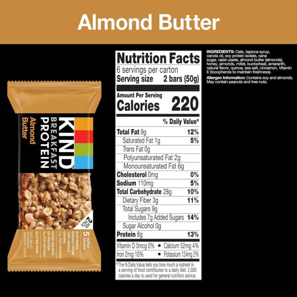 KIND Breakfast, Healthy Snack Bar, Almond Butter, Gluten Free Breakfast Bars, 8g Protein, 1.76 OZ Packs (6 Count) - Image 2