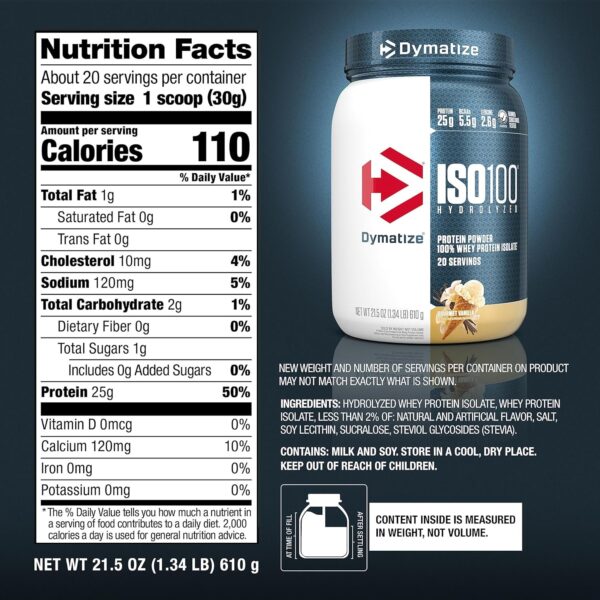 Dymatize ISO100 Hydrolyzed Protein Powder, 100% Whey Isolate, 25g of Protein, 5.5g BCAAs, Gluten Free, Fast Absorbing, Easy Digesting, Gourmet Vanilla, 20 Servings - Image 3