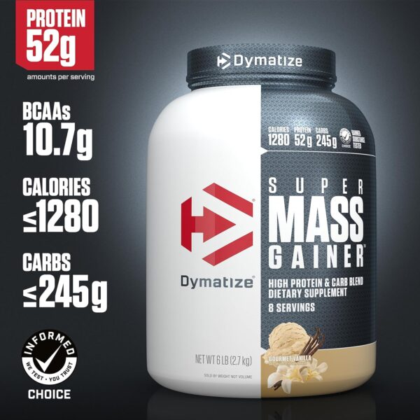 Dymatize Super Mass Gainer Protein Powder, 1280 Calories & 52g Protein, Gain Strength & Size Quickly, 10.7g BCAAs, Mixes Easily, Tastes Delicious, Gourmet Vanilla, Gourmet Vanilla, 6 Pound (Pack of 1) - Image 2